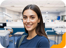 Estudante universitária sorrindo, usando camiseta verde, no laboratório de Odontologia da Unidade de Ensino Einstein.